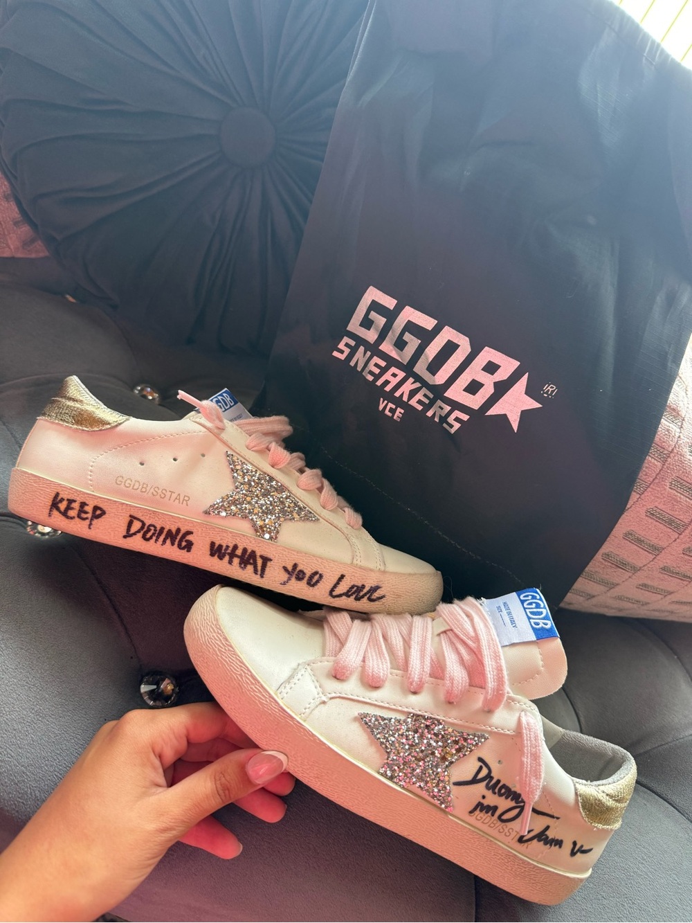 Golden Goose Pink Glitter Star Low-Top Sneakers with Gold Heel